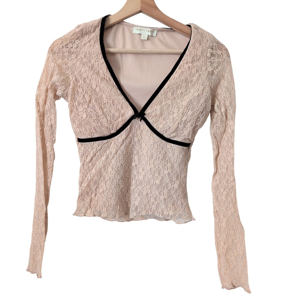 VTG Y2K‎ Floral Lace V-Neck Babydoll Top Velvet Trim XS Soft Romantic Coquette